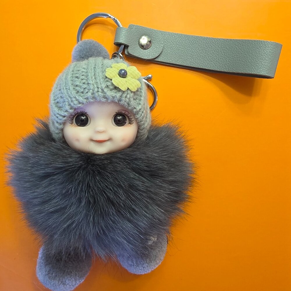 Cute Smiling Fur Baby Keychain with LOVE tag, Plush rabbit fur, Bag Charm